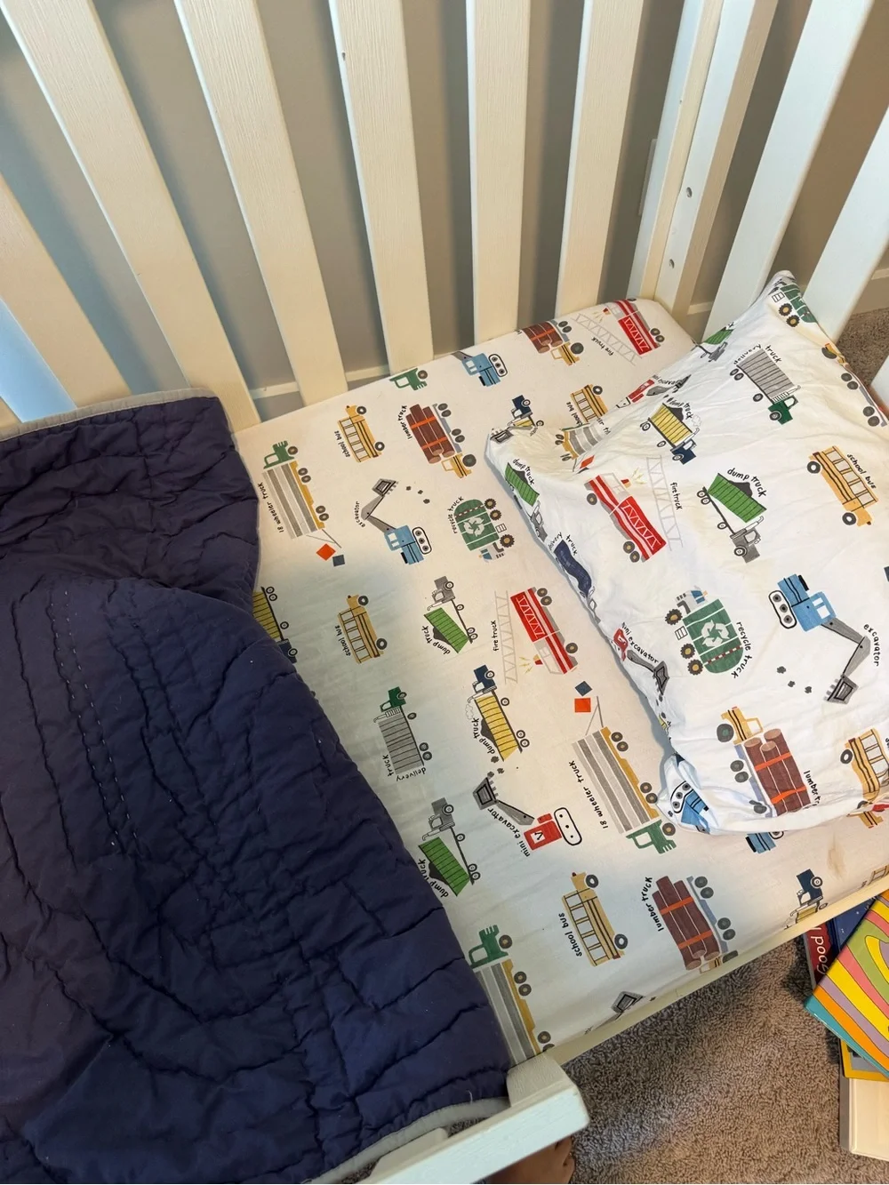 Pottery Barn Navy Kids' Truck Quilt with Multicolor Embroidery